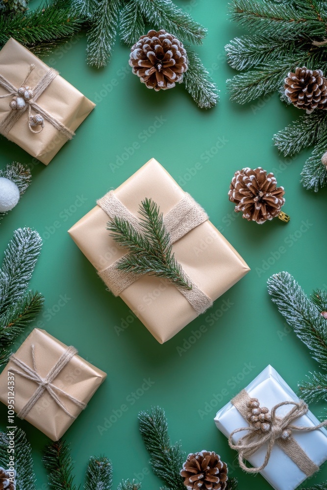 A rustic and natural wrapped gift made with brown paper, twine, and pine cones A rustic and natural wrapped gift made with brown paper, twine, and pine cones