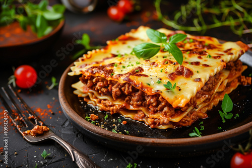 traditional Italian lasagna from minced beef, selective focus