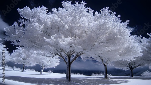 The snow-covered trees in the valley were coated with white rime, creating an atmosphere of tranquility and beauty