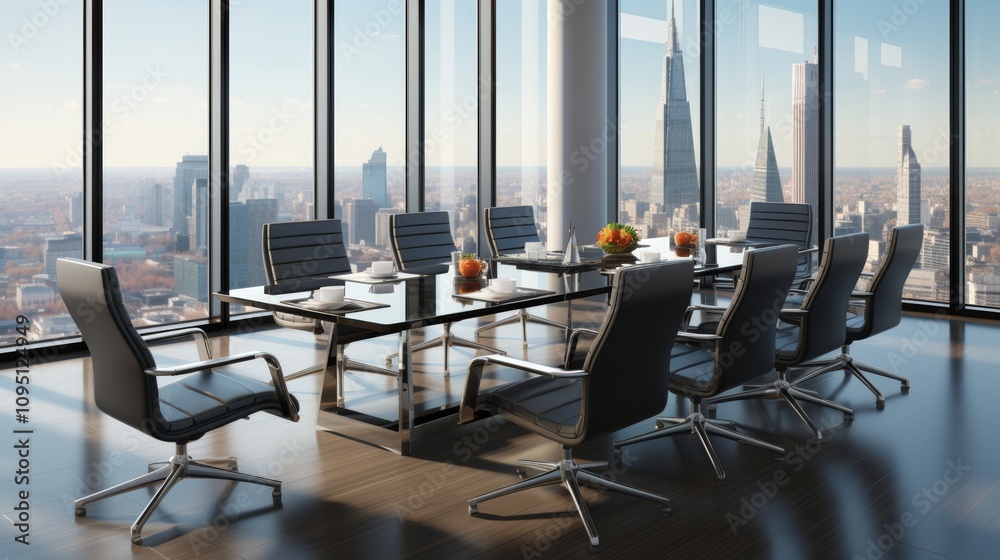 Bright modern meeting room with large glass table, black chairs, cityscape views, and white walls Bright modern meeting room with large glass table, black chairs, cityscape views, and white walls
