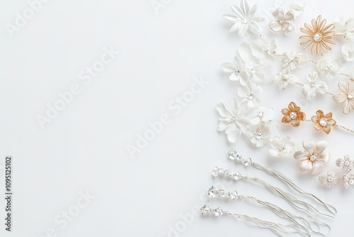 Elegant bridal hair accessories on white backdrop