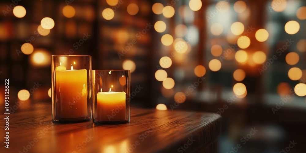 Soft candlelight glows in warm tones. Two elegant candles sit on a wooden table. The background features blurred lights creating a cozy atmosphere. Perfect for relaxation and ambiance. AI Soft candlelight glows in warm tones. Two elegant candles sit on a wooden table. The background features blurred lights creating a cozy atmosphere. Perfect for relaxation and ambiance. AI