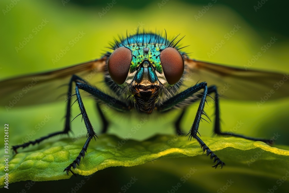A close-up view of a small fly resting on the surface of a leaf, with intricate details and textures