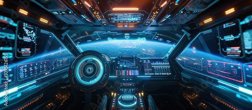 Fototapeta Naklejka Na Ścianę i Meble -  Futuristic Spaceship Cockpit with Earth View
