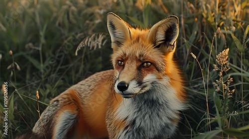 A close-up of a fox resting in a grassy field, showcasing its vibrant fur and attentive expression.