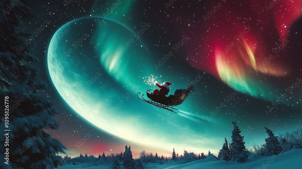 Naklejka premium Santa in a magical North Pole scene, standing by a giant ice sculpture of a Christmas tree, and a brilliant aurora borealis lighting up the sky, Generative AI