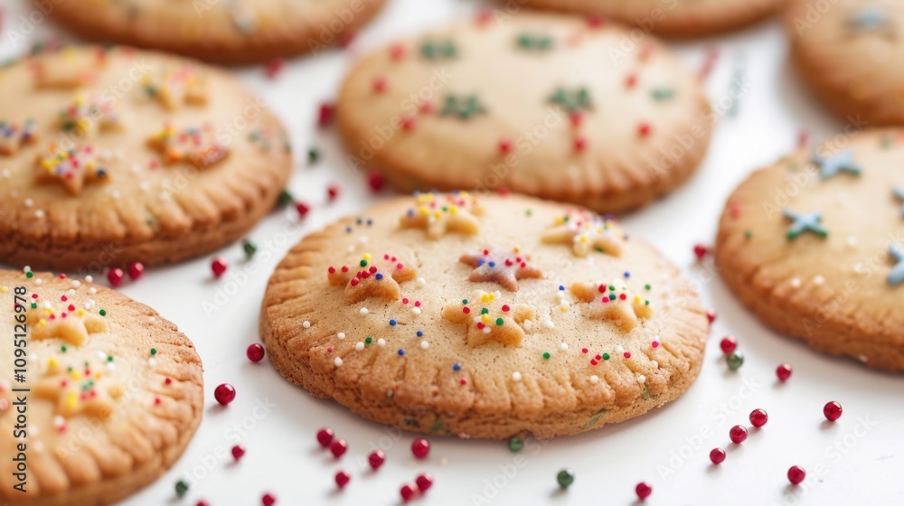 A selection of colorful cookies with sprinkles arranged on a table for serving