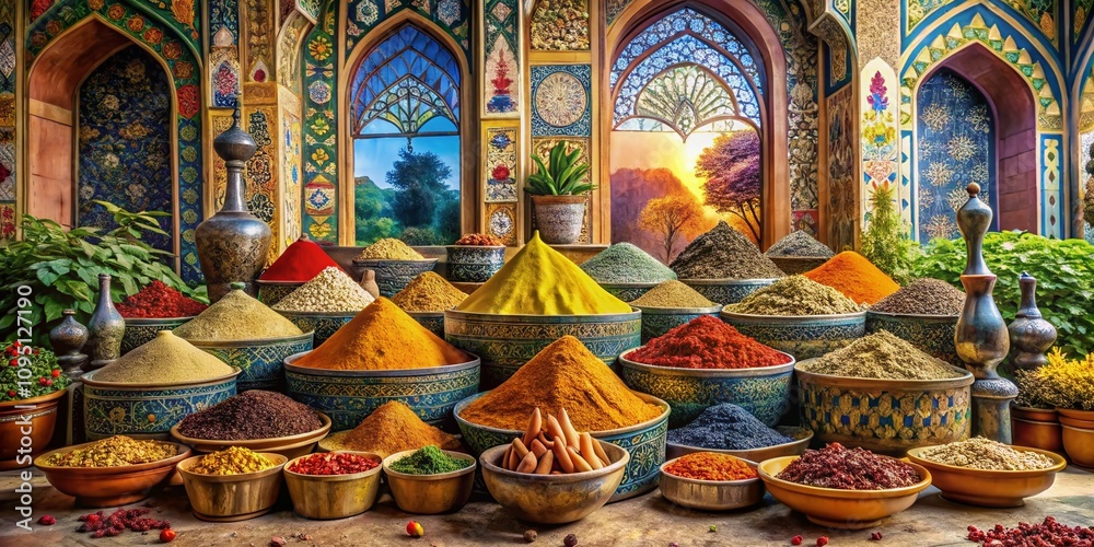 Surreal Exploration of Iranian Spices: A Dreamlike Landscape of Colorful Seasonings and Cultural Heritage in a Whimsical Arrangement Surreal Exploration of Iranian Spices: A Dreamlike Landscape of Colorful Seasonings and Cultural Heritage in a Whimsical Arrangement