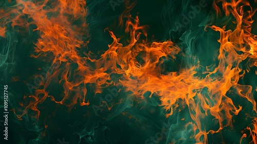 Abstract fire and smoke in orange and green colors on black background.