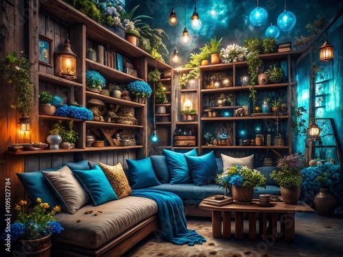 Surreal Home Decor Scene Featuring Rustic Shelves Adorned with Stylish Blue Pillows and Unique Art Pieces Creating a Dreamlike Atmosphere in an Inviting Living Space