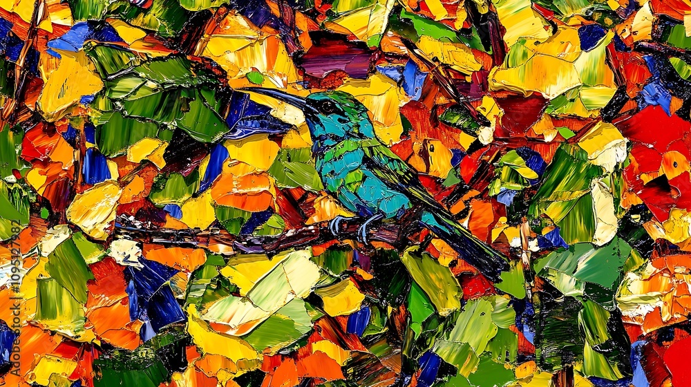 Abstract Oil Painting of a Hummingbird Perched on a Branch Abstract Oil Painting of a Hummingbird Perched on a Branch