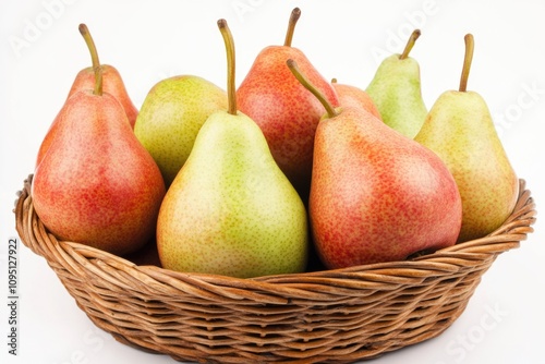 A basket filled with ripe pears on a clean white surface