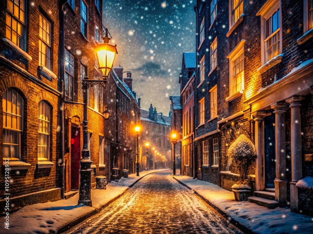 Fototapeta premium Surreal Low Angle View of an Old London Street at Night in Winter with Blurred Snowfall, Glowing Streetlights, and a Dreamlike Atmosphere