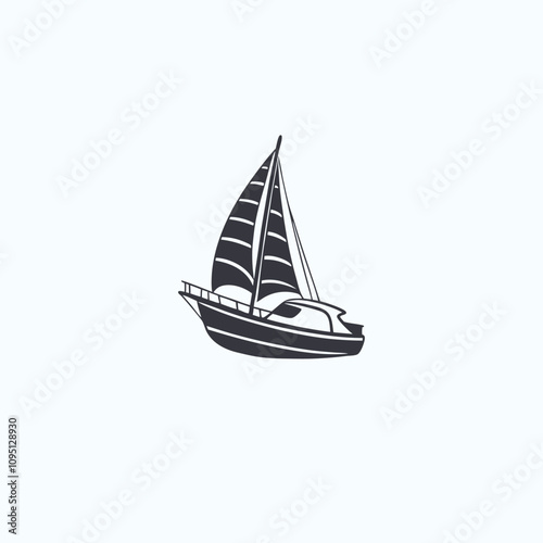 Minimalistic vector illustration of a fishing boat with a streamlined design, featuring a hull, mast, and net details. Ideal for nautical or marine-themed projects