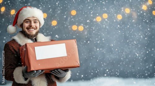 A cheerful delivery man dressed in a Santa suit with fur trim, holding a large parcel wrapped in festive red paper with Blank solid white label . photo