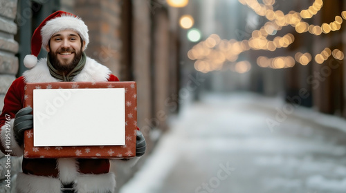 A cheerful delivery man dressed in a Santa suit with fur trim, holding a large parcel wrapped in festive red paper with Blank solid white label . photo