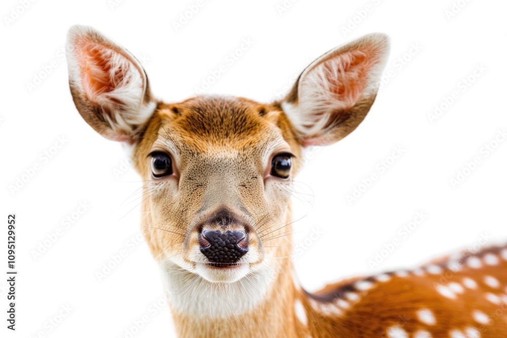 A close-up view of a deer's face with a white background