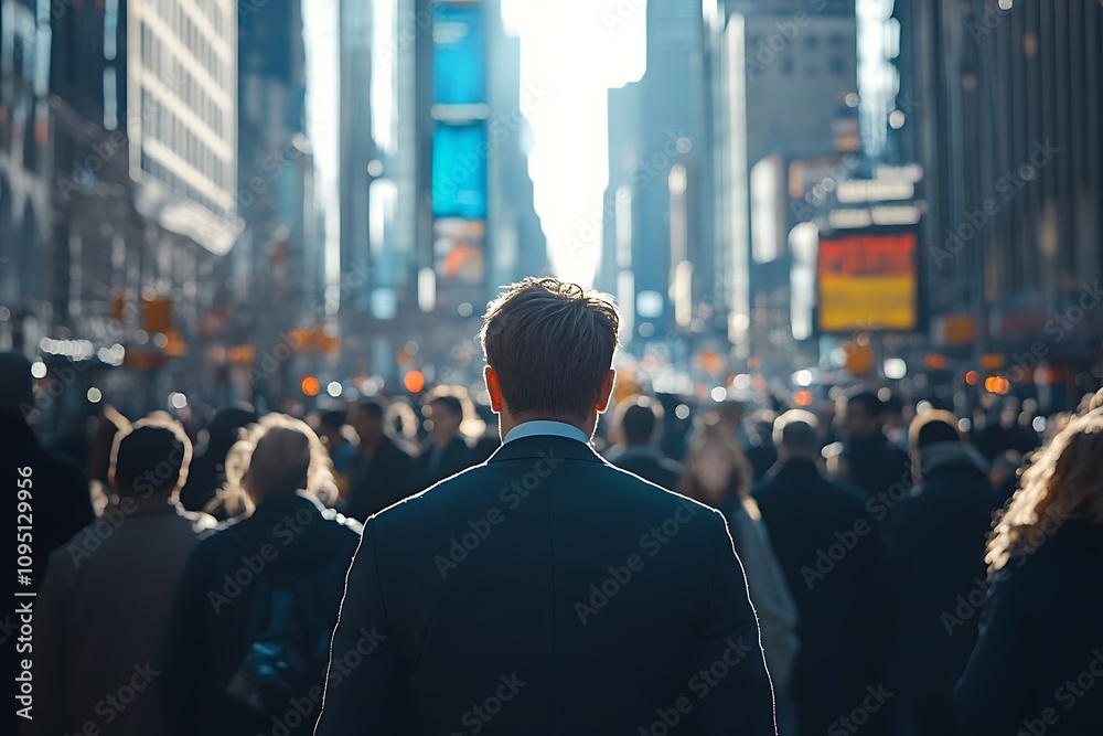 Lone Man in Gray Suit, Sunlit City Backdrop Lone Man in Gray Suit, Sunlit City Backdrop
