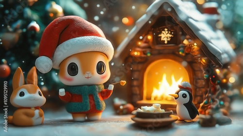 A chibi bunny wearing a red Santa hat and green scarf, standing by a cozy fireplace in a rabbit house. A chibi fox in a tiny sweater and a chibi penguin with earmuffs join the bunny photo