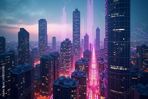 Futuristic Smart Cityscape with Glowing Neon Roads and High-Tech Skyline at Sunset