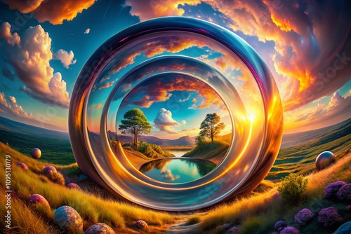 Surreal Representation of a Circular Logo with Abstract Elements and Dreamlike Landscapes, Blending Nature and Geometry in a Harmonious Composition photo