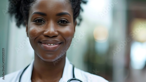 A smiling healthcare professional wearing a stethoscope, conveying a sense of care and professionalism.