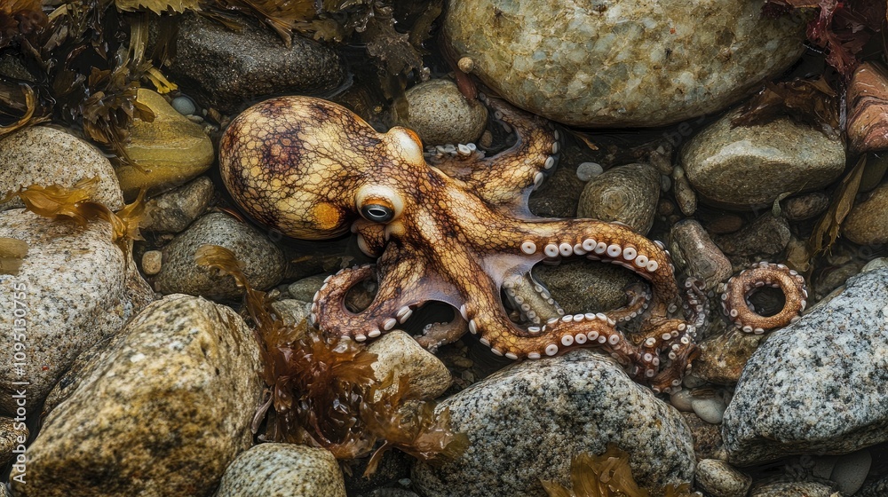An Octopus Crawls Over Rocky Seabed Surrounded by Seaweed in a Natural Marine Environment, Showcasing its Unique Textures and Colors Underwater