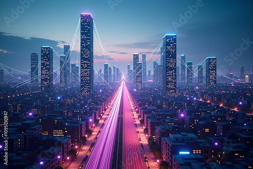Advanced Urban Cityscape with Vibrant Neon Streets and Digital Infrastructure