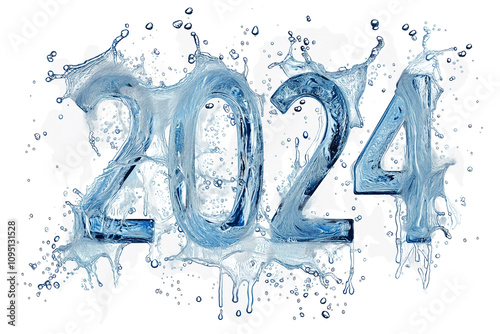 inscription 2024 made of splashes of clear blue water and drops
