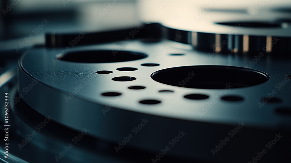 Close-up of a metallic disc with circular cutouts, likely part of industrial machinery. Close-up of a metallic disc with circular cutouts, likely part of industrial machinery.