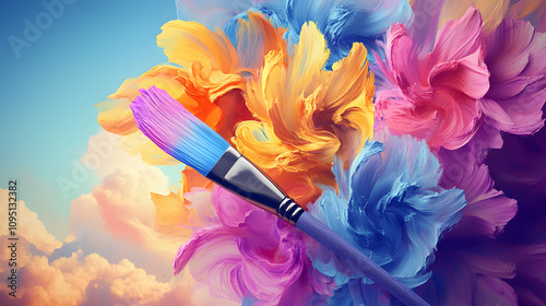 big colorful flowers emerging from an artist s paint brush, representing the freedom of imagination photo