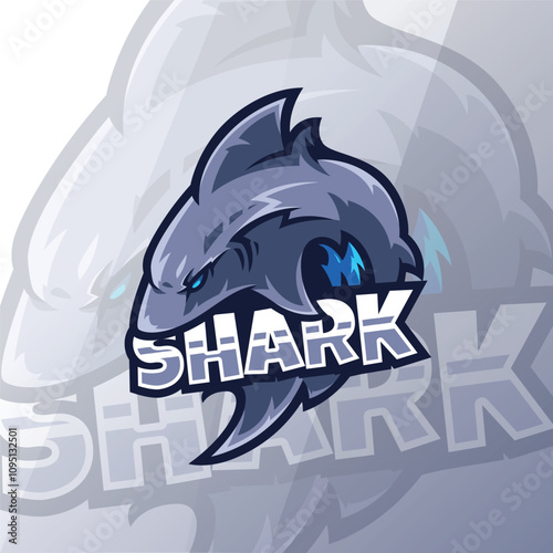 shark head e sport logo design is great for tshirts, posters, and merchandise for a fierce and bold look.