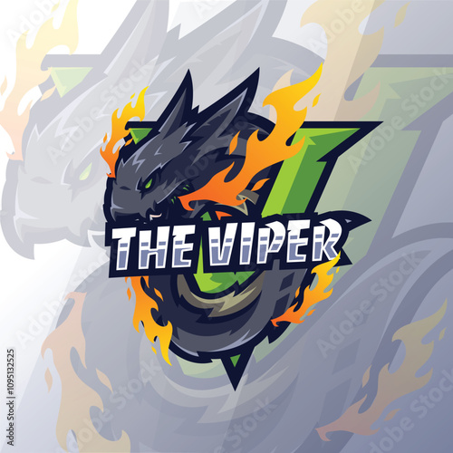 Viper head logo  in green V forms Team Name The Viper; suitable for sports logos, team branding, and mascot design projects.