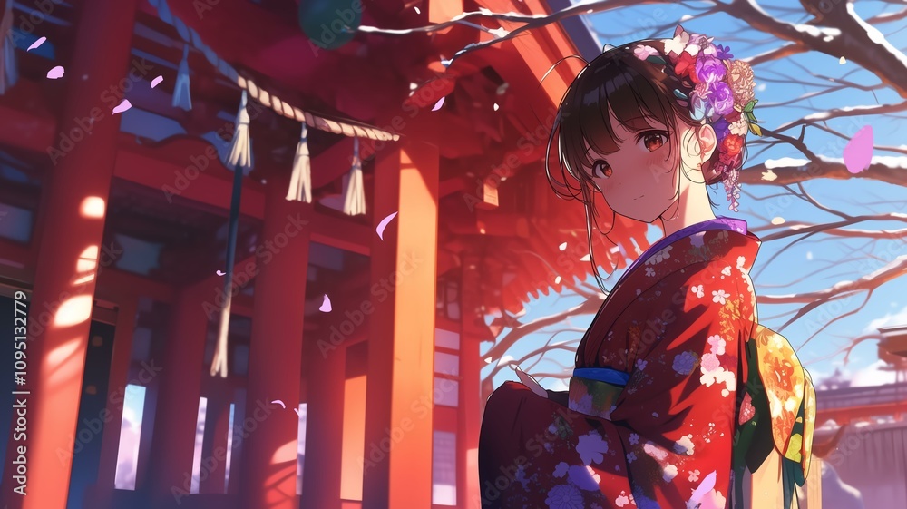 Fototapeta premium 神社で初詣のお参りをするアニメ調の日本人美少女