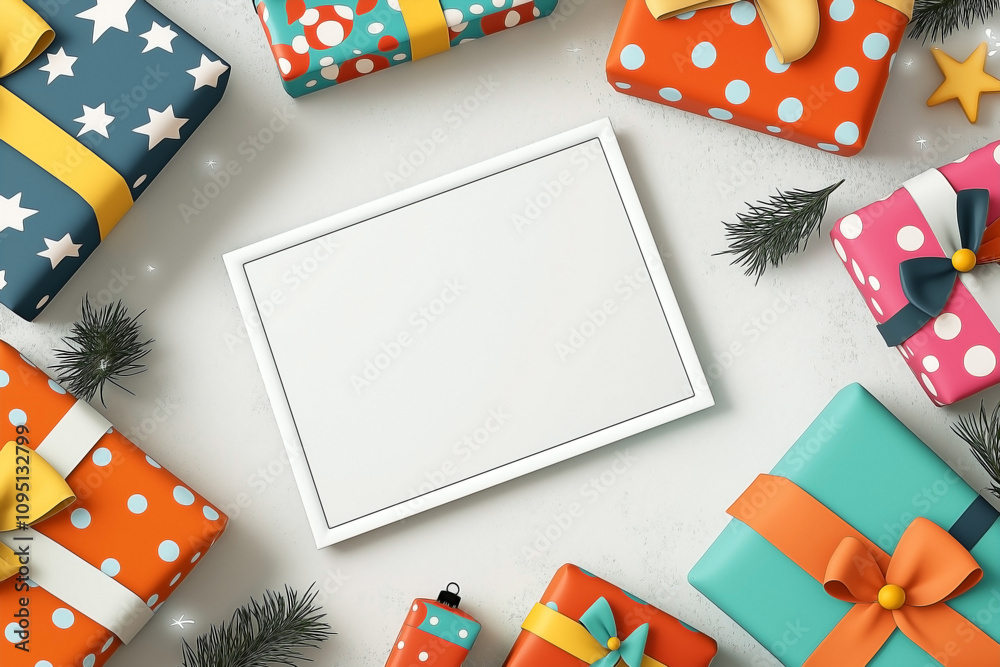 Obraz premium cartoon style, featuring a blank white postcard with a thin frame at the center, surrounded by cheerful Christmas presents. The gifts are wrapped in vibrant colors with playful patterns like polka dot