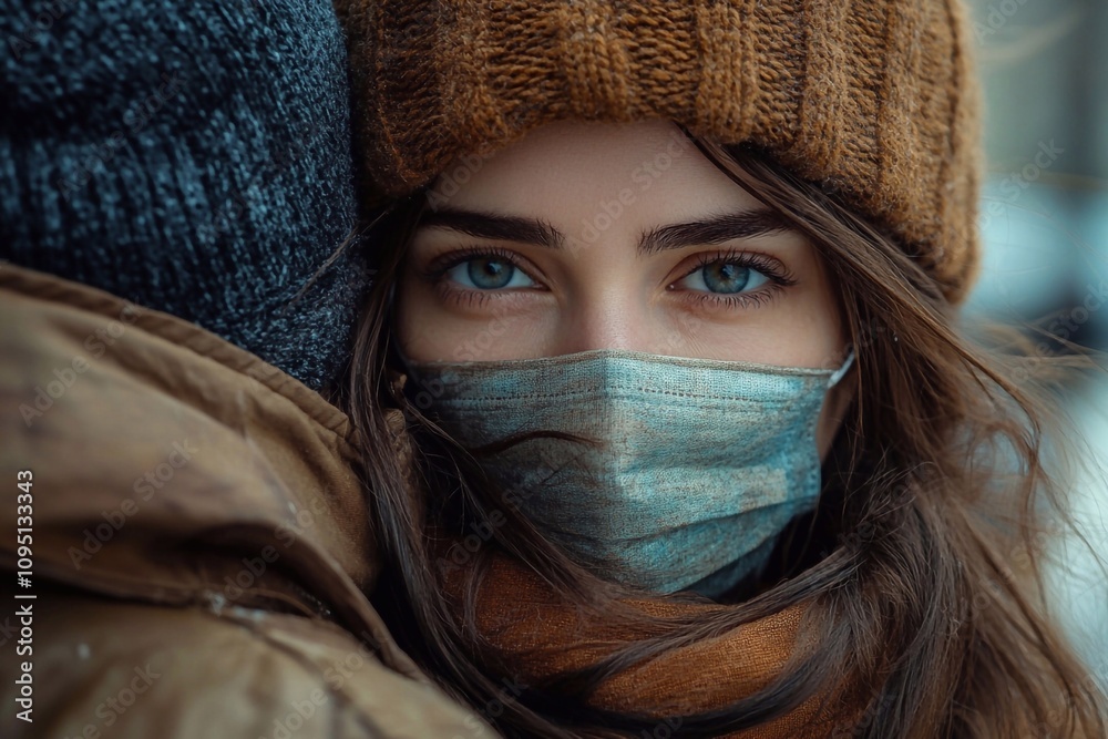 This is a portrait of a girl with an enigmatic expression in a worn medical mask. Her eyes retain a sense of intrigue, her features are soft yet captivating, creating a sense of depth. This is a portrait of a girl with an enigmatic expression in a worn medical mask. Her eyes retain a sense of intrigue, her features are soft yet captivating, creating a sense of depth.