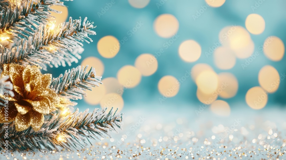 Festive Christmas Tree Branch with Gold Ornament Lights Festive Christmas Tree Branch with Gold Ornament Lights