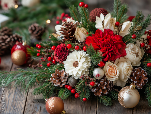 festive Christmas floral arrangement featuring red and white flowers with pinecones and greenery, placed on a rustic wooden table with holiday decorations. Christmas flowers, cozy flower decor. 