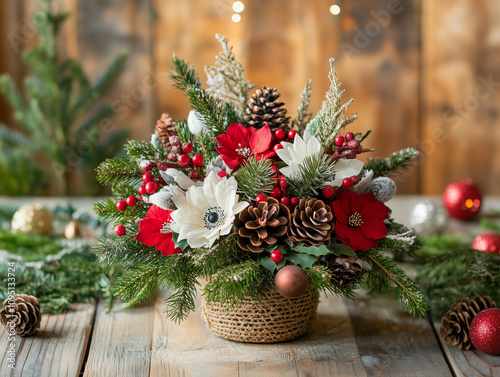 festive Christmas floral arrangement featuring red and white flowers with pinecones and greenery, placed on a rustic wooden table with holiday decorations. Christmas flowers, cozy flower decor. 