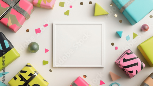 a blank white postcard with a sleek thin frame in the middle, surrounded by bold and colorful New Year gifts. wrapped in striking neon colors such as hot pink, lime green, and electric blue. 