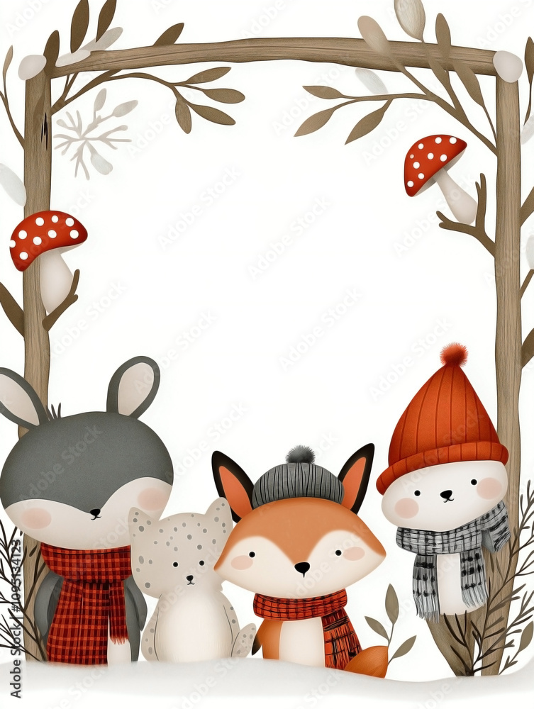 Fototapeta premium a winter white poster, rough texture with tiny woodland animals rabbits, foxes, owls peeking from the sides wearing scarves and hats. Snow-covered branches and mushrooms grow around the frame