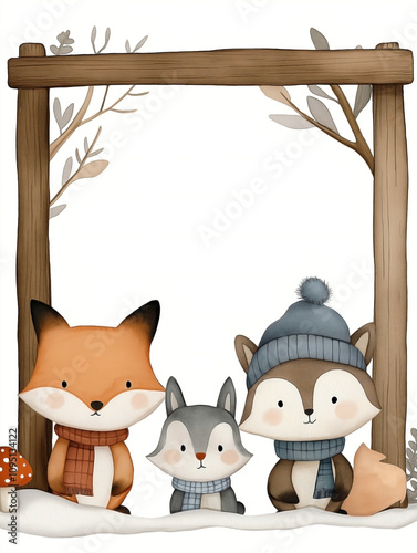 a winter white poster, rough texture with tiny woodland animals rabbits, foxes, owls peeking from the sides wearing scarves and hats. Snow-covered branches and mushrooms grow around the frame photo