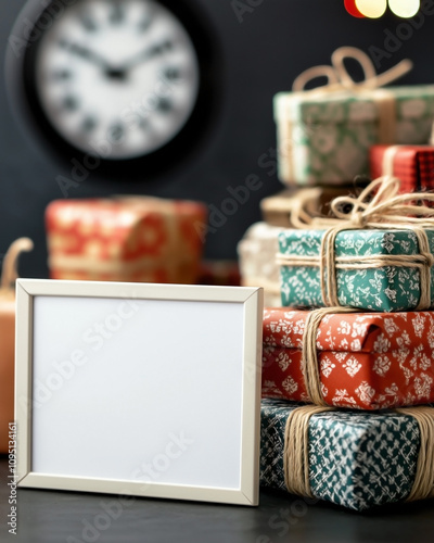 a blank white poster frame nestled against a stack of retro-styled New Year presents. The gifts are wrapped in old-fashioned papers with vintage patterns and tied with twine or lace photo