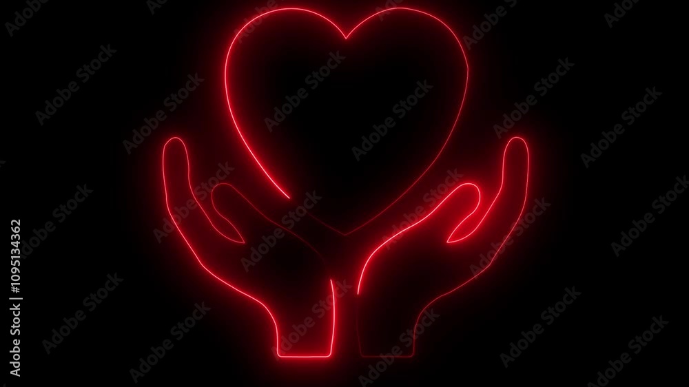 red color neon heart in hand sign on black background.4k video motion graphic animation