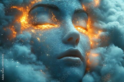 A surreal and ethereal portrait of a woman's face emerging from clouds, her eyes glowing with fiery embers, creating a mystical and divine atmosphere.