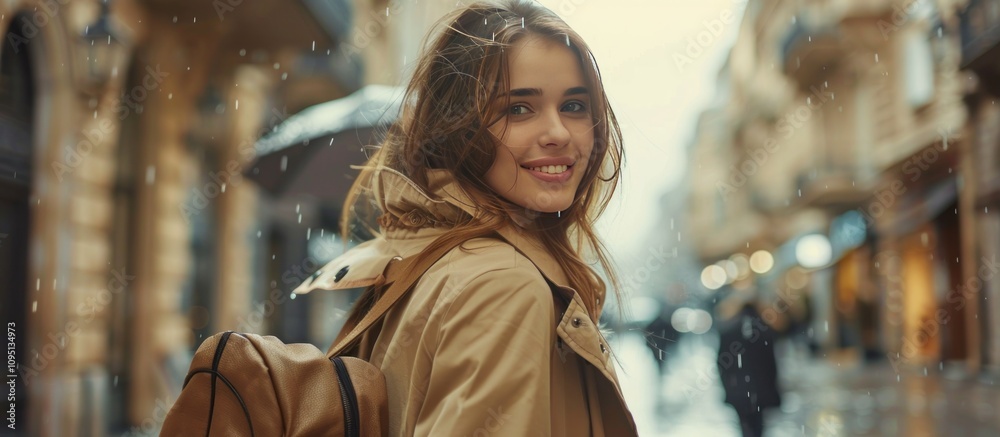 Smiling Woman in Beige Trench Coat Walking in Rain Smiling Woman in Beige Trench Coat Walking in Rain