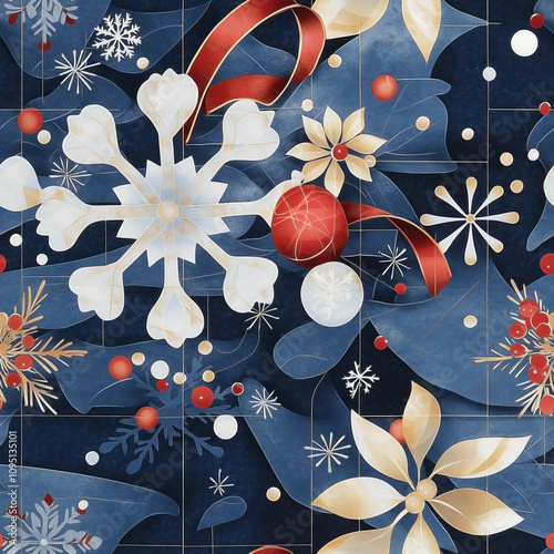 A rich blue kimono decorated with a Christmas-themed pattern. snowflakes, and red and gold ribbons, blending modern Christmas elements with traditional kimono aesthetics.  photo