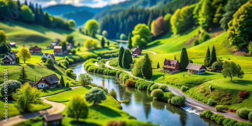 Tilt-Shift Photography of a Serene Landscape with Lush Green Fields and a Tranquil River Flowing Through, Evoking a Dreamlike, Miniature Effect in Nature's Beauty