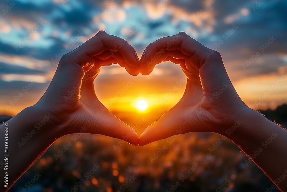 image of hands with fingers in the shape of a heart against a sunset background. The warm colors of the sun create a romantic and peaceful atmosphere. The heart gesture symbolizes love image of hands with fingers in the shape of a heart against a sunset background. The warm colors of the sun create a romantic and peaceful atmosphere. The heart gesture symbolizes love