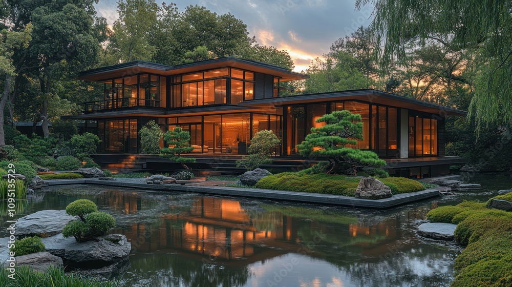 Modern architectural design featuring a serene garden and reflective water elements. Modern architectural design featuring a serene garden and reflective water elements.